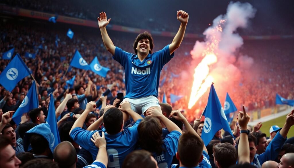 Diego Maradona celebrating with Napoli fans after winning the 1987 Serie A title