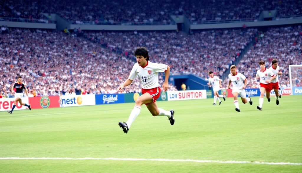 Diego Maradona scoring the 'Goal of the Century' against England in the 1986 World Cup