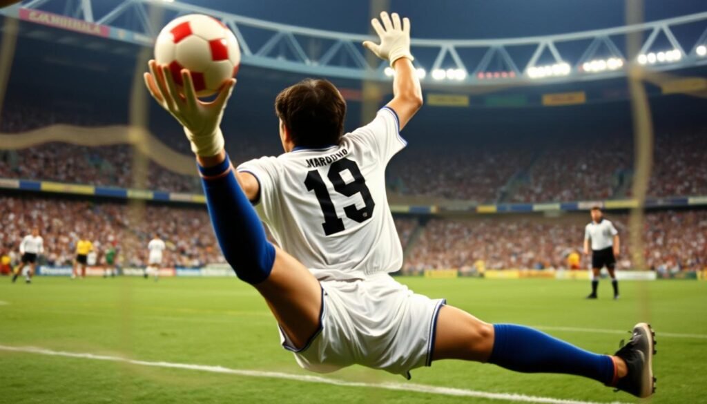Diego Maradona scoring the 'Hand of God' goal against England in the 1986 World Cup quarter-final