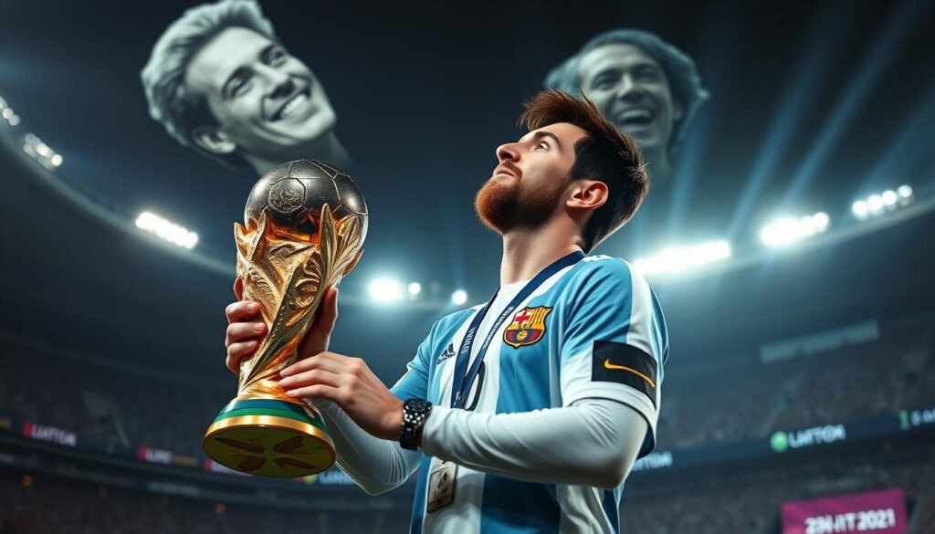 Lionel Messi holding the World Cup trophy while looking up at a projected image of Diego Maradona in the sky