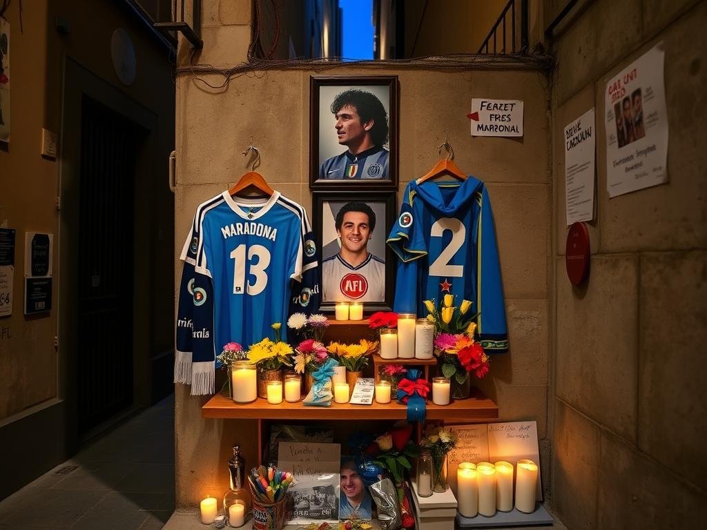 Shrine to Diego Maradona in the Spanish Quarter of Naples with candles and memorabilia