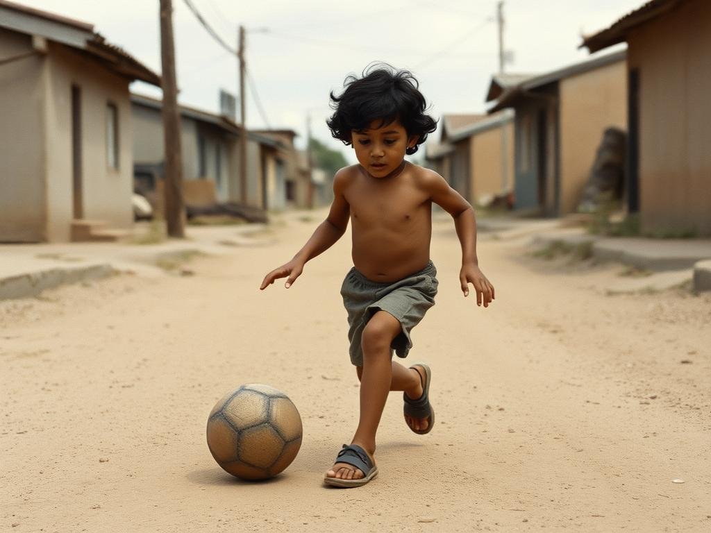 Young Diego Maradona playing football in the streets of Villa Fiorito, Argentina