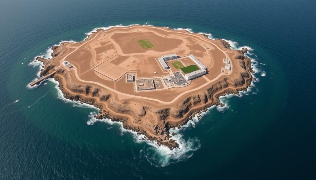 Aerial view of Robben Island prison where Nelson Mandela spent 18 years