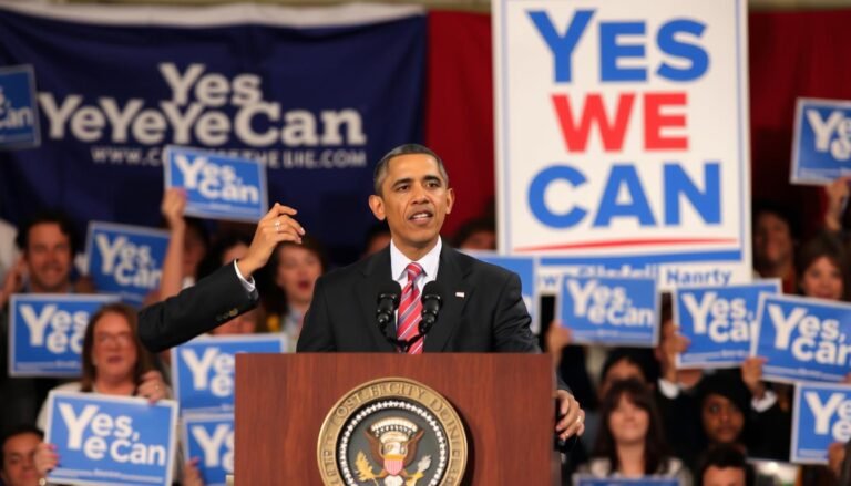 Barack Obama delivering his Yes We Can speech in New Hampshire