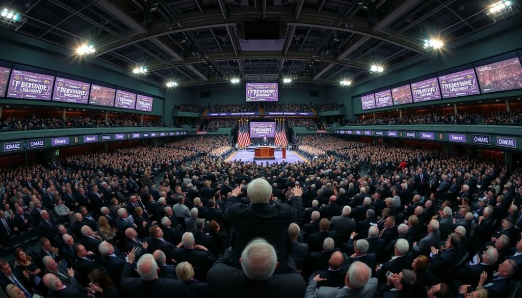 Berkshire Hathaway annual meeting with thousands of attendees listening to the Oracle of Omaha Berkshire Hathaway annual meeting with thousands of attendees listening to the Oracle of Omaha