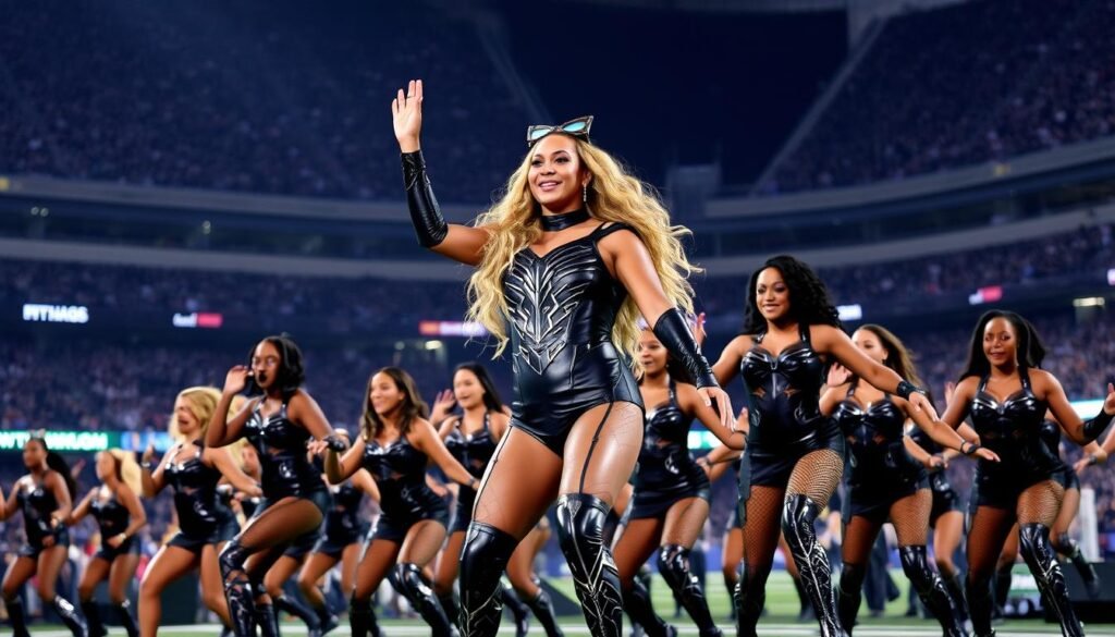 Beyoncé performing Formation with Black Panther-inspired costumes Beyoncé performing Formation with Black Panther-inspired costumes