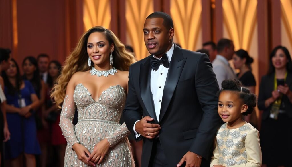 Beyoncé with Jay-Z and their children at an award ceremony Beyoncé with Jay-Z and their children at an award ceremony
