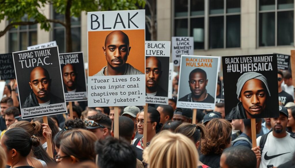 Black Lives Matter protesters with signs featuring Tupac quotes and images