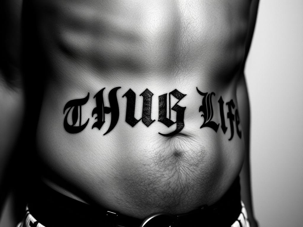 Close-up of Tupac Shakur's THUG LIFE tattoo across his abdomen