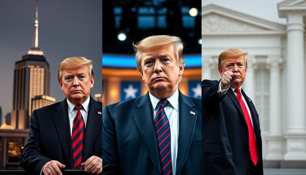 Composite image showing Donald Trump in business, TV, and presidential settings Composite image showing Donald Trump in business, TV, and presidential settings