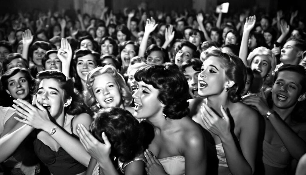 Crowds of fans reacting emotionally to Elvis Presley's performance