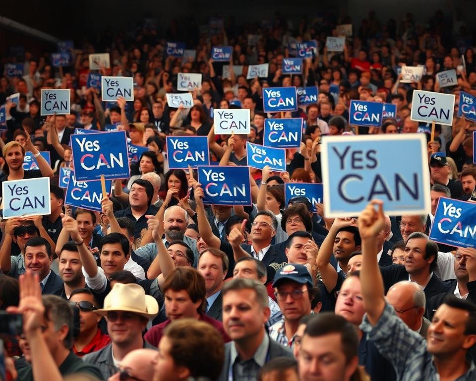 Diverse crowd at Obama rally with Yes We Can signs
