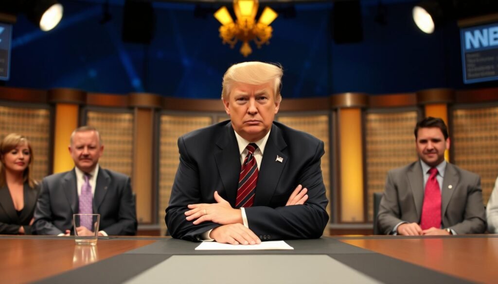Donald Trump in The Apprentice boardroom setting Donald Trump in The Apprentice boardroom setting