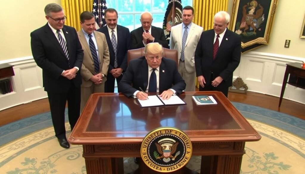 Donald Trump signing executive order in the Oval Office Donald Trump signing executive order in the Oval Office