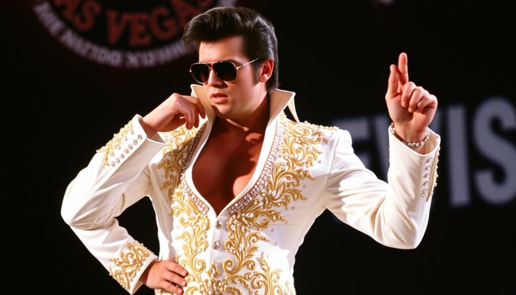 Elvis Presley in his iconic white jumpsuit with elaborate embellishments