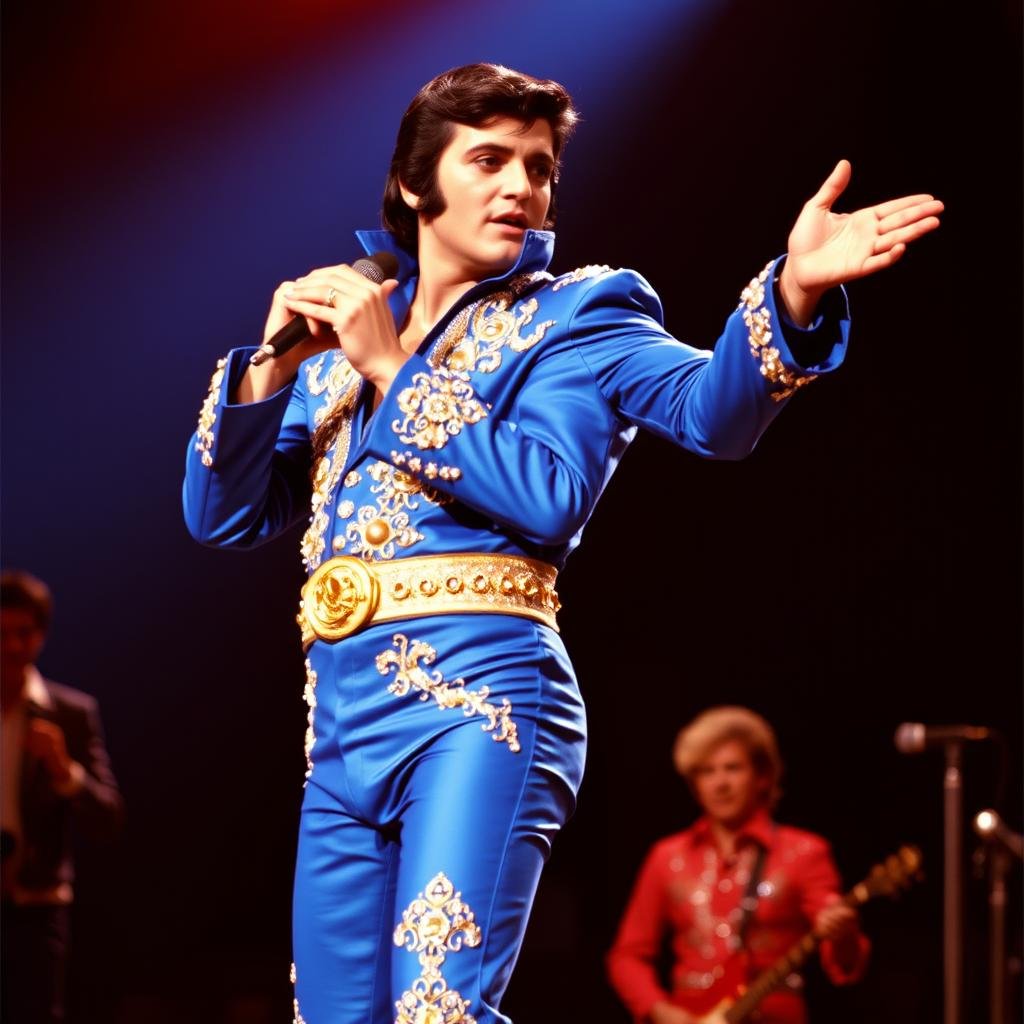 Elvis Presley performing in an elaborate jumpsuit during his Las Vegas years