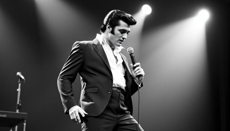 Elvis Presley performing on stage in the 1950s with his signature moves