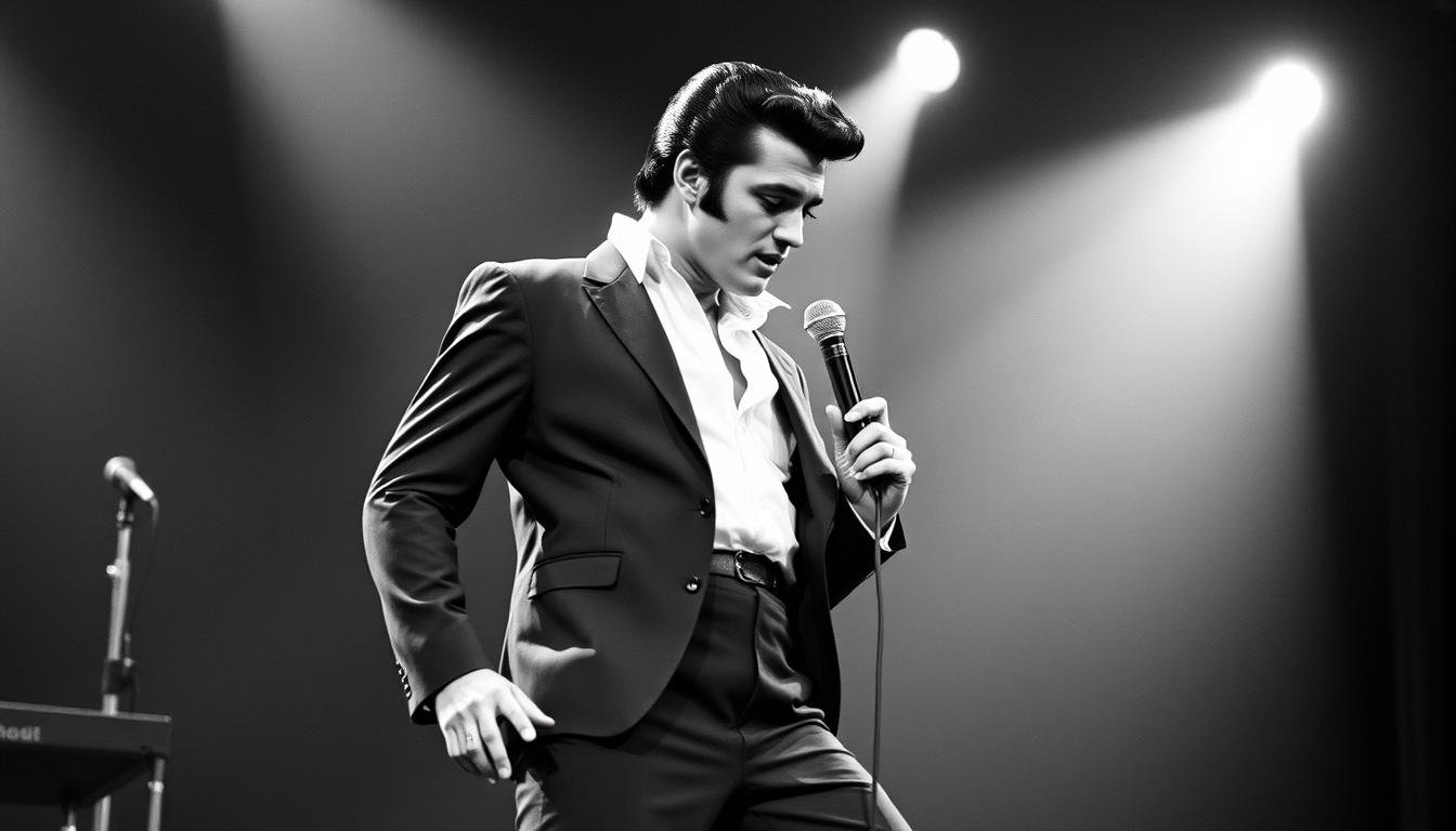 Elvis Presley performing on stage in the 1950s with his signature moves