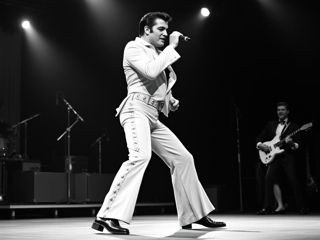 Elvis Presley performing with his signature physical movements on stage