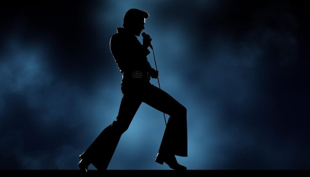 Iconic silhouette of Elvis Presley performing against a dramatic backdrop