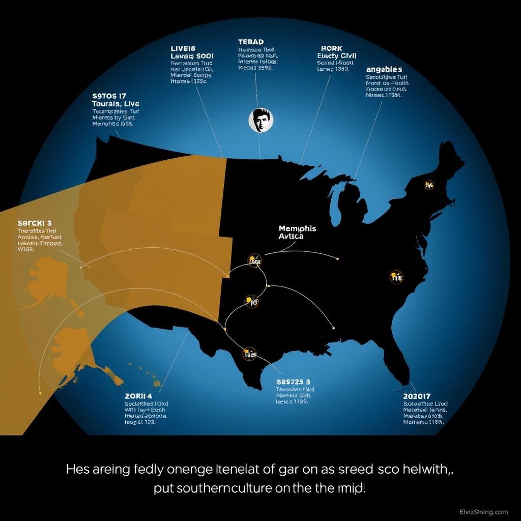 Map showing the spread of Elvis Presley's influence from the South across America