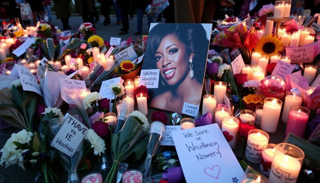Memorial tribute to Whitney Houston with candles and flowers, representing the enduring legacy despite the Whitney Houston Voice and Tragedy Memorial tribute to Whitney Houston with candles and flowers, representing the enduring legacy despite the Whitney Houston Voice and Tragedy