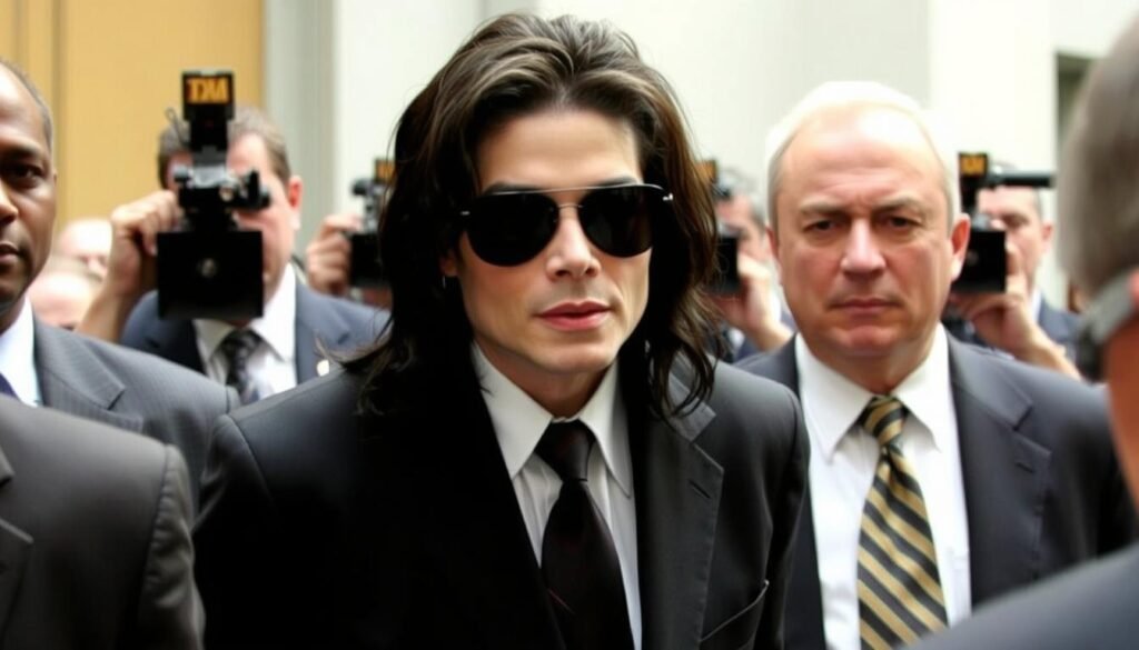 Michael Jackson arriving at court during his 2005 trial, surrounded by security and media Michael Jackson arriving at court during his 2005 trial, surrounded by security and media
