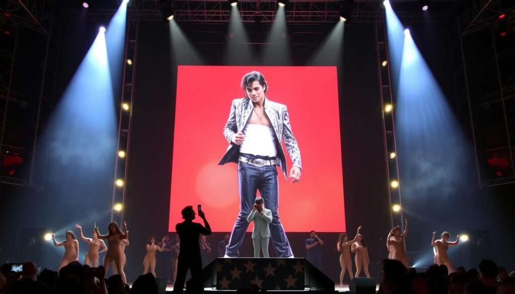 Michael Jackson hologram performance at the 2014 Billboard Music Awards, demonstrating his continued presence in pop culture after death Michael Jackson hologram performance at the 2014 Billboard Music Awards, demonstrating his continued presence in pop culture after death
