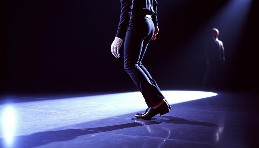 Michael Jackson performing his signature moonwalk dance move on stage, demonstrating his revolutionary dance style Michael Jackson performing his signature moonwalk dance move on stage, demonstrating his revolutionary dance style