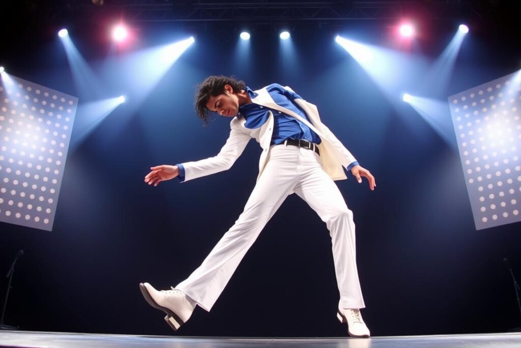 Michael Jackson performing the anti-gravity lean from Smooth Criminal, showcasing his innovative dance techniques Michael Jackson performing the anti-gravity lean from Smooth Criminal, showcasing his innovative dance techniques