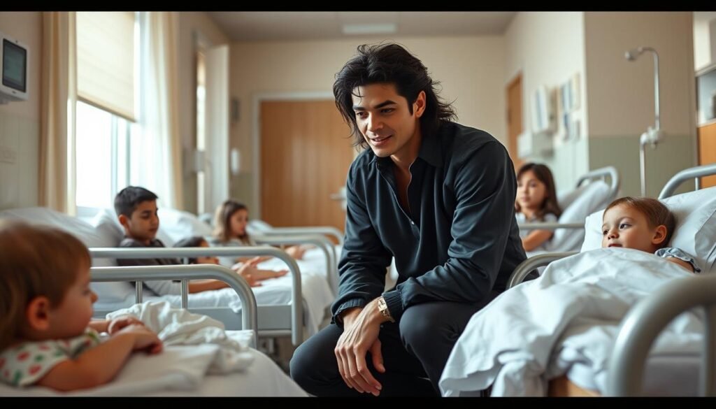 Michael Jackson visiting children at a hospital as part of his humanitarian efforts Michael Jackson visiting children at a hospital as part of his humanitarian efforts