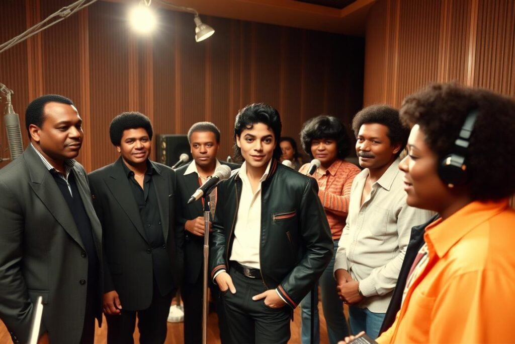 Michael Jackson with other artists during the recording of We Are the World charity single in 1985 Michael Jackson with other artists during the recording of We Are the World charity single in 1985