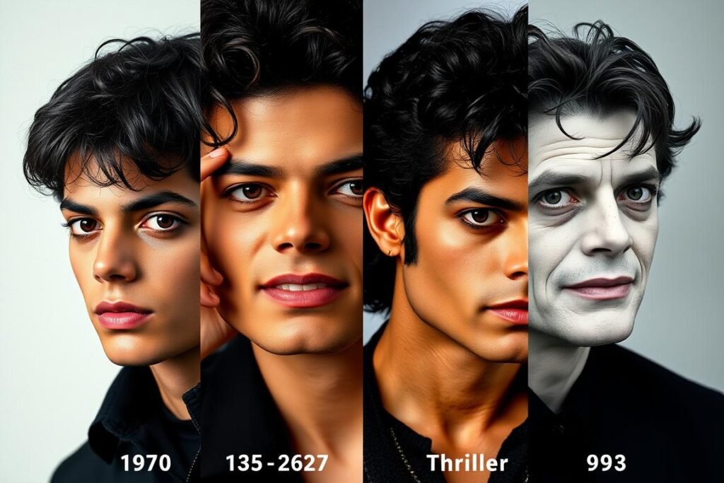 Michael Jackson's physical transformation throughout his career, showing the effects of vitiligo and surgeries Michael Jackson's physical transformation throughout his career, showing the effects of vitiligo and surgeries