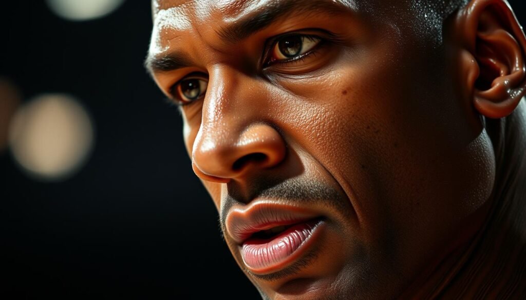 Michael Jordan's intense competitive focus during a game, illustrating his Air to the Throne mentality Michael Jordan's intense competitive focus during a game, illustrating his Air to the Throne mentality