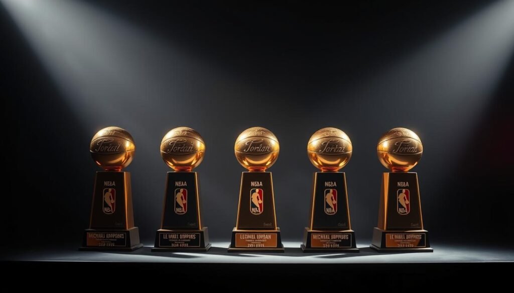 Michael Jordan's six championship trophies, the ultimate symbols of his Air to the Throne achievement Michael Jordan's six championship trophies, the ultimate symbols of his Air to the Throne achievement