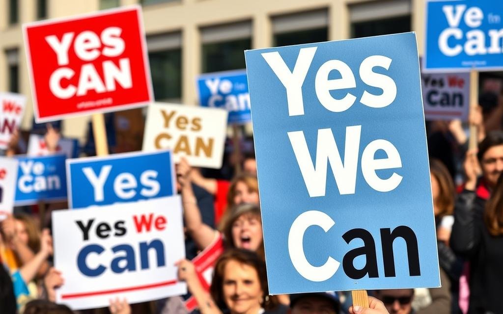 Modern political rally with signs inspired by Yes We Can