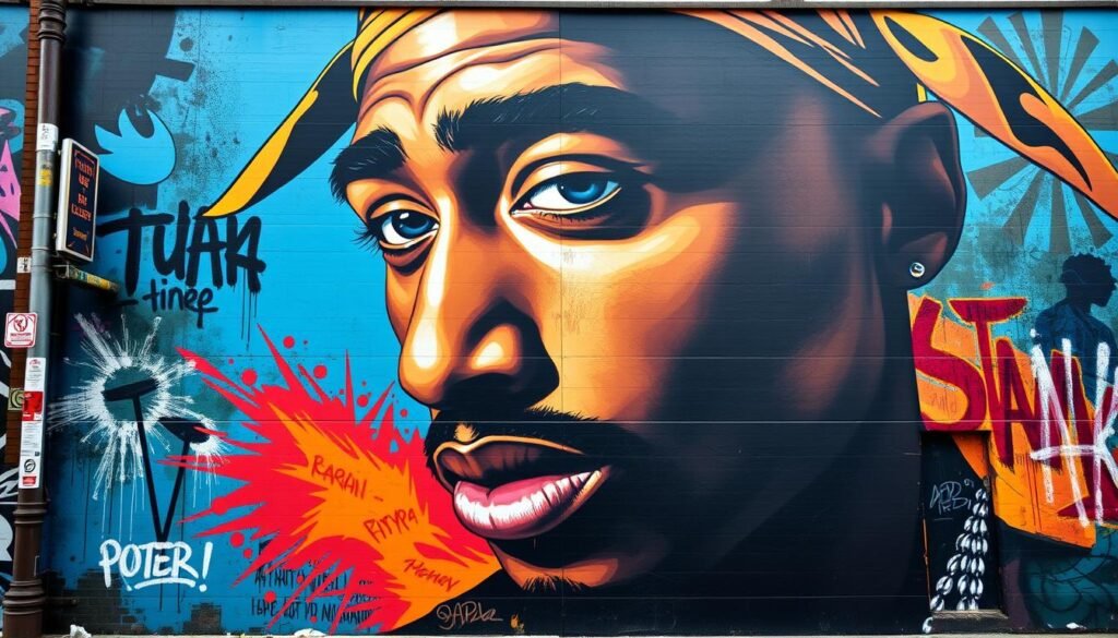 Mural of Tupac Shakur with both aggressive and thoughtful expressions