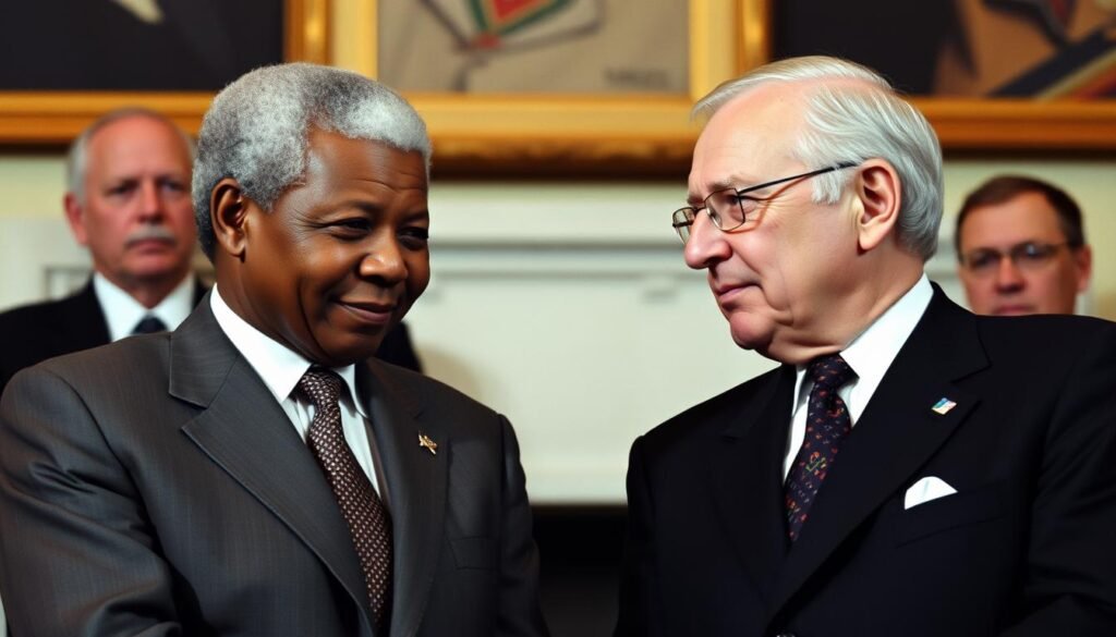 Nelson Mandela meeting with South African President F.W. de Klerk during negotiations