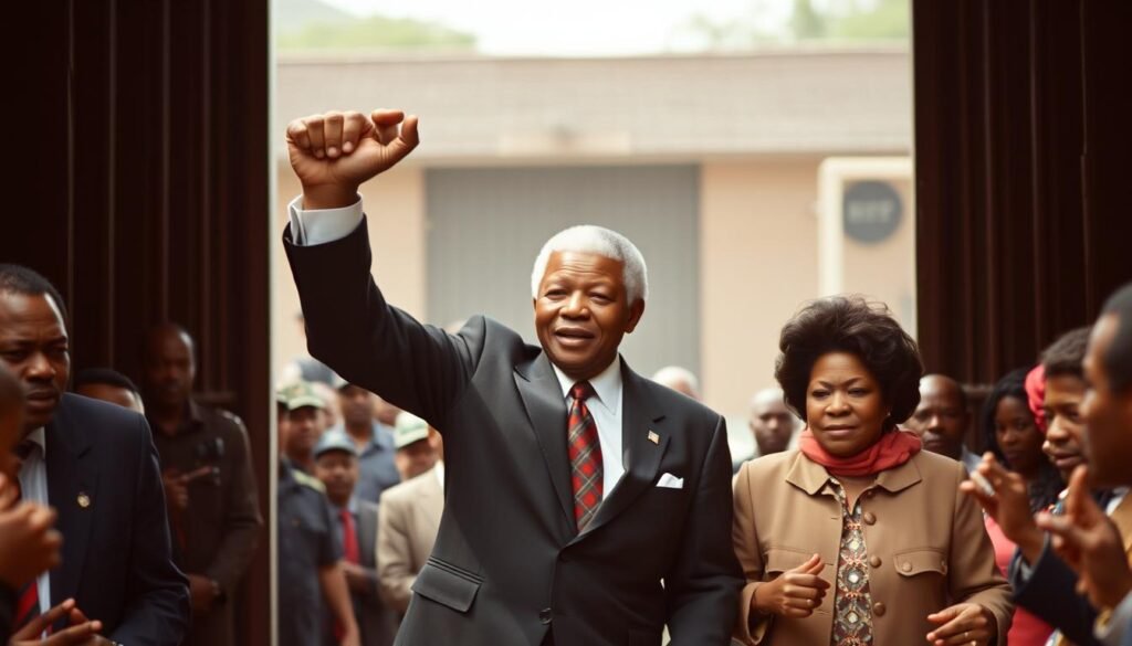 Nelson Mandela raising his fist upon release from Victor Verster Prison in 1990