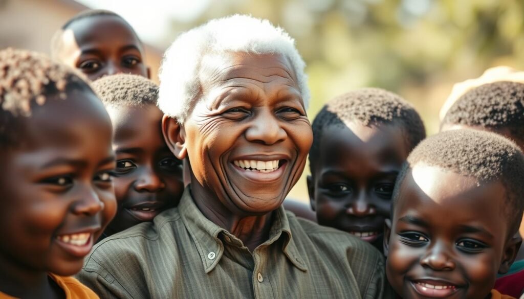 Nelson Mandela smiling with children representing South Africa's future