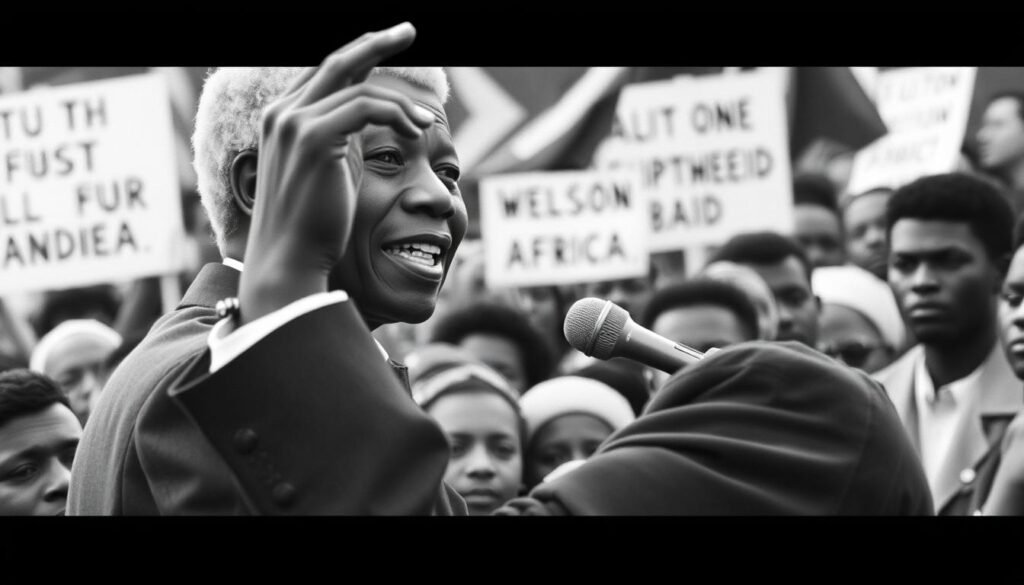 Nelson Mandela speaking at an anti-apartheid rally before his imprisonment