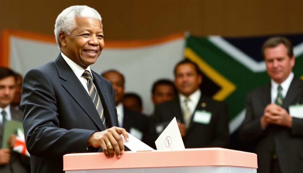 Nelson Mandela voting in South Africa's first democratic election in 1994