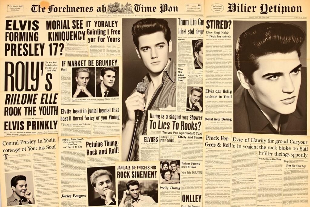 Newspaper headlines criticizing Elvis Presley's influence on youth