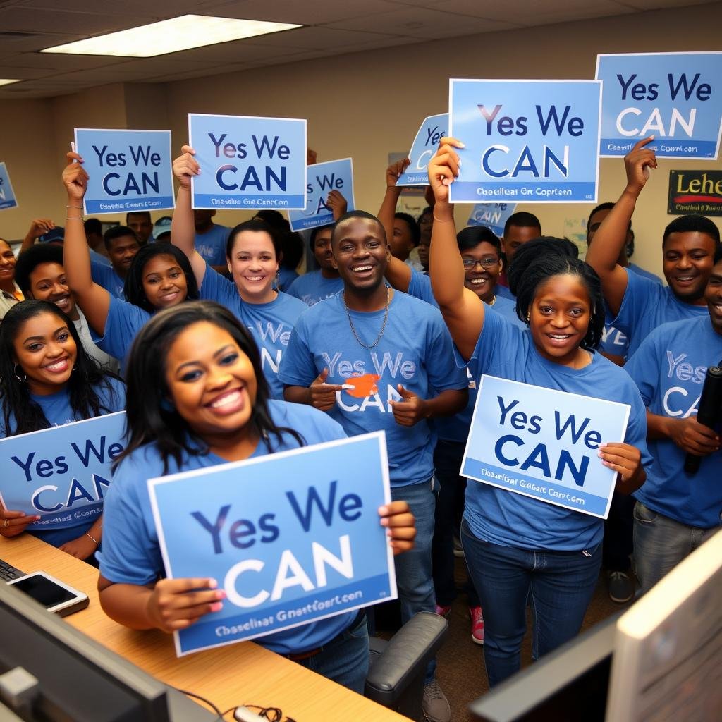 Obama campaign volunteers with Yes We Can signs Obama campaign volunteers with Yes We Can signs