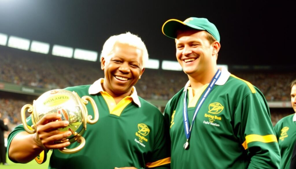 President Nelson Mandela with the South African rugby team after winning the 1995 World Cup