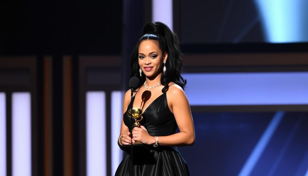 Rihanna accepting a Grammy Award, highlighting her music success before becoming Barbados' first billionaire entrepreneur Rihanna accepting a Grammy Award, highlighting her music success before becoming Barbados' first billionaire entrepreneur