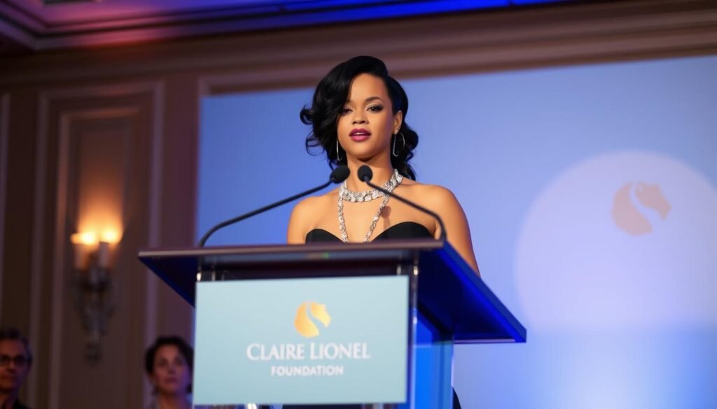 Rihanna at a Clara Lionel Foundation charity event, showing her philanthropic work as Barbados' first billionaire Rihanna at a Clara Lionel Foundation charity event, showing her philanthropic work as Barbados' first billionaire