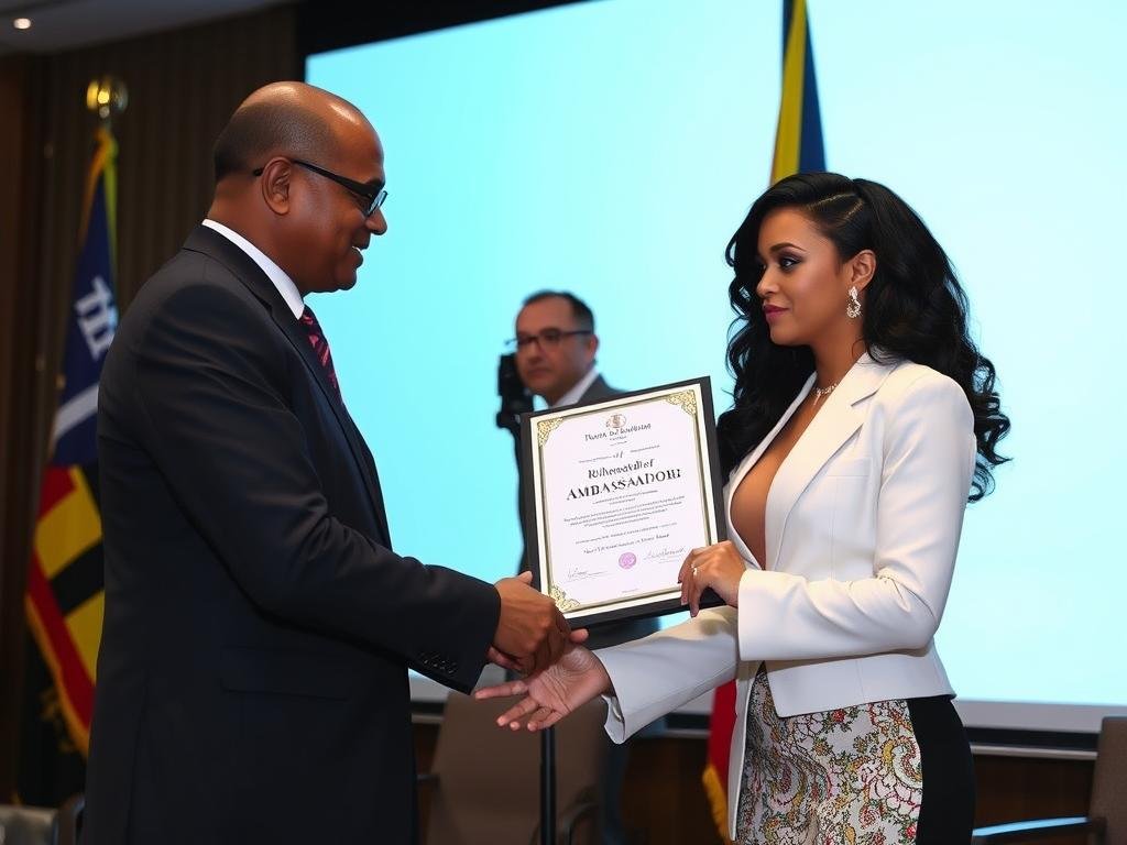 Rihanna receiving an official ambassadorship for Barbados, highlighting her role as the country's first billionaire representative Rihanna receiving an official ambassadorship for Barbados, highlighting her role as the country's first billionaire representative