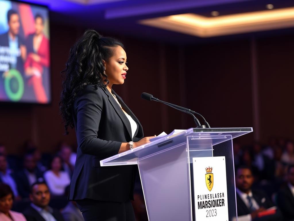 Rihanna speaking at a business conference about future entrepreneurial plans as Barbados' first billionaire Rihanna speaking at a business conference about future entrepreneurial plans as Barbados' first billionaire
