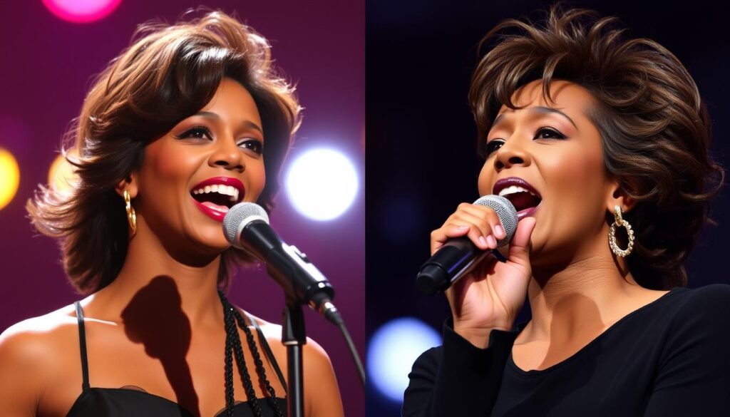 Side-by-side comparison of Whitney Houston performing in the 1980s versus 2000s, illustrating the Whitney Houston Voice and Tragedy transformation Side-by-side comparison of Whitney Houston performing in the 1980s versus 2000s, illustrating the Whitney Houston Voice and Tragedy transformation